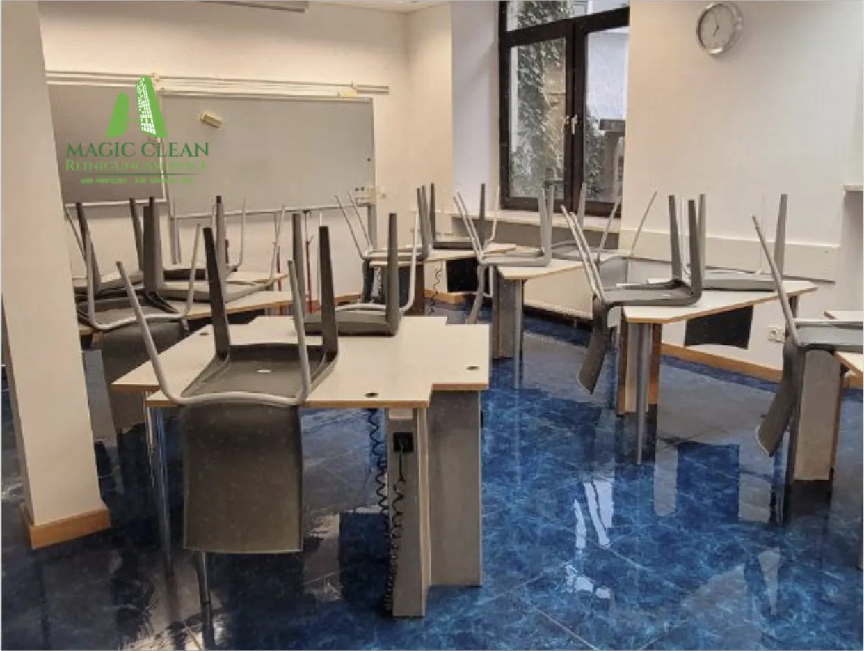 Training room after cleaning, chairs up, tiled floor shining
