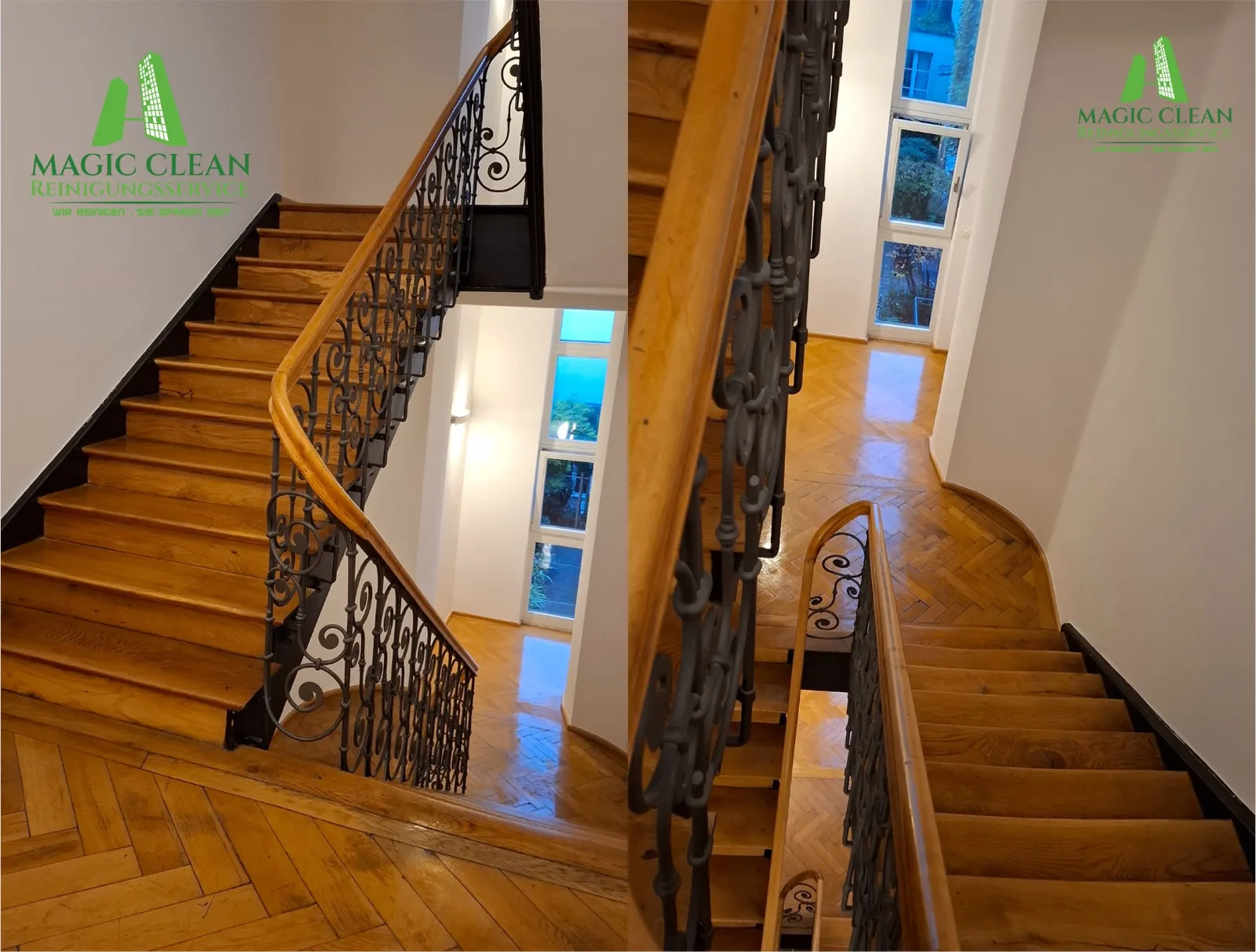 Stairwell with wooden steps and a wrought-iron railing, cleaned by Magic Clean